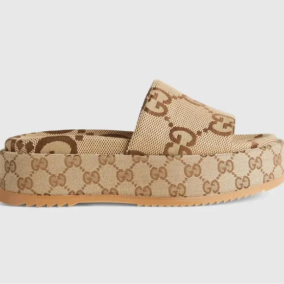 Gucci Tan Slide Sandals with Iconic Logo GUCCI Sideline Logo Canvas Slide Sandals Mens Size G Size 5  main image 3